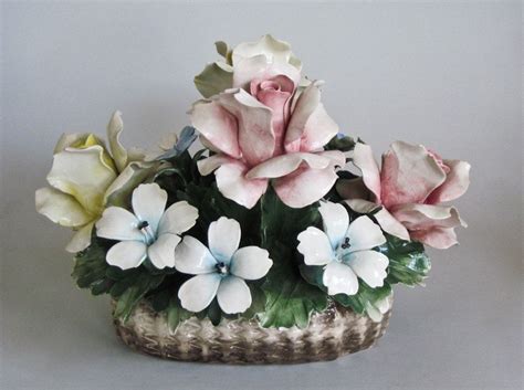 Antique Italian Capodimonte Style Porcelain Roses Basket Of Flowers