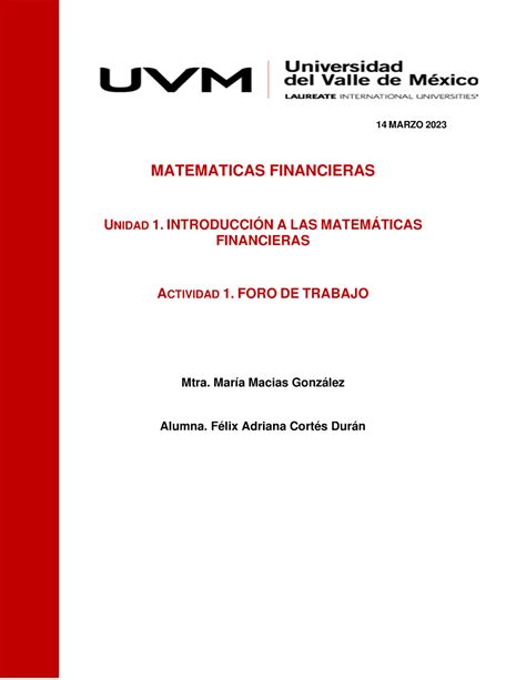 A1 FACD Actividad Foro 14 MARZO 2023 MATEMATICAS FINANCIERAS UNIDAD