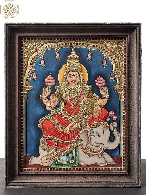 Goddess Gajalakshmi Vintage Tanjore Painting With Teakwood Frame