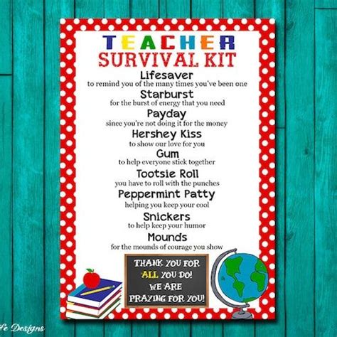 Digital Download Teachers Survival Kit Printable Teacher Teacher