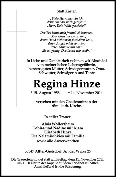 Traueranzeigen Von Regina Hinze Ga Trauer De