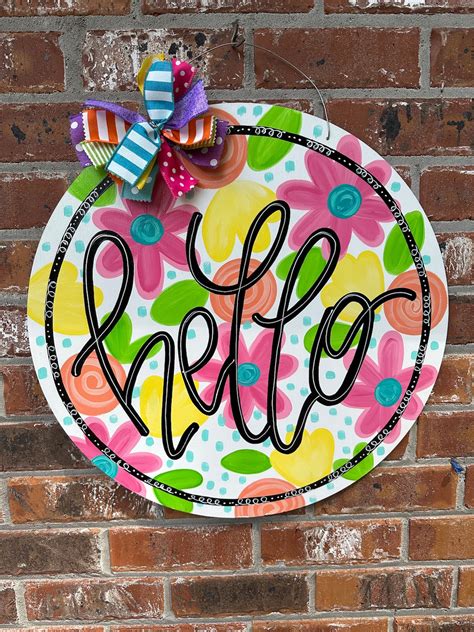 Floral Hello Door Hanger, Flowers Sign, Hand Painted, Spring Decor ...