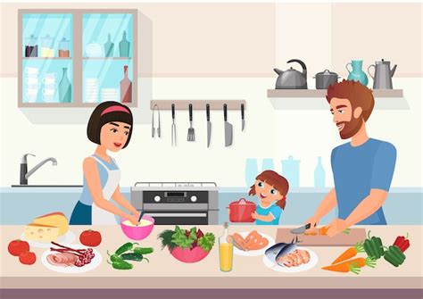 Cocina joven feliz de la familia niño padre madre e hija cocinan