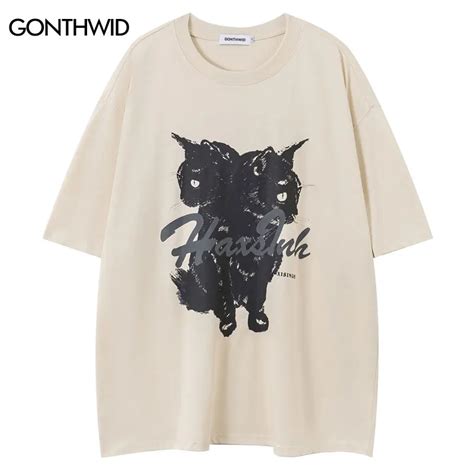 Hip Hop Men Tshirt Black Cat Graphic Print Punk Gothic T Shirt Hip