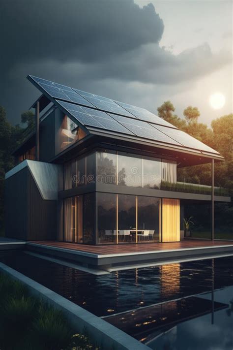 House By Pool With Solar Panels On Roof Created Using Generative Ai