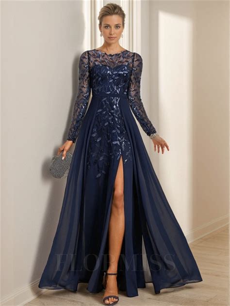 A Line Bateau Long Sleeves Ruffles Floor Length Chiffon Mother Of The