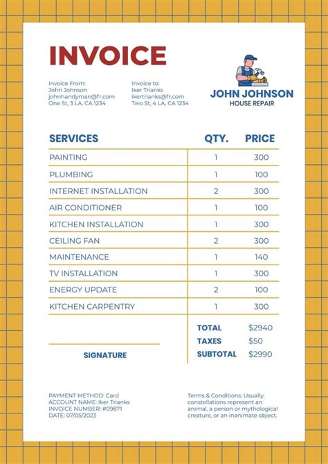 Free Colorful John Johnson Handyman Invoice Template