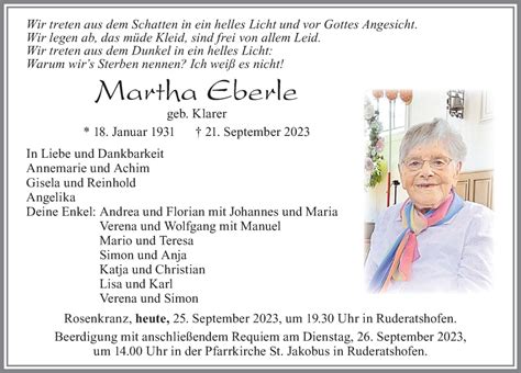 Traueranzeigen Von Martha Eberle Augsburger Allgemeine Zeitung