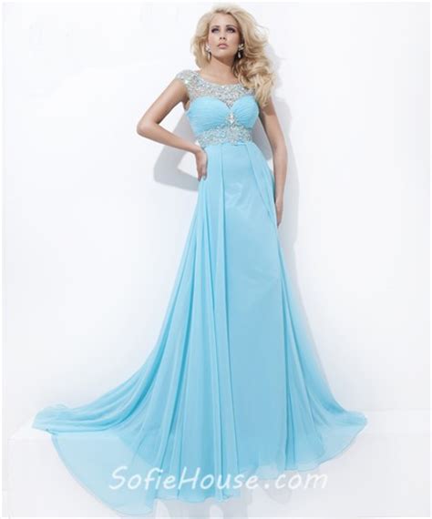 A Line Illusion Neckline Cap Sleeve Long Royal Blue Chiffon Beaded Prom