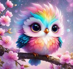 A Colorful Owl Sitting On Top Of A Tree Branch With Pink Flowers In The