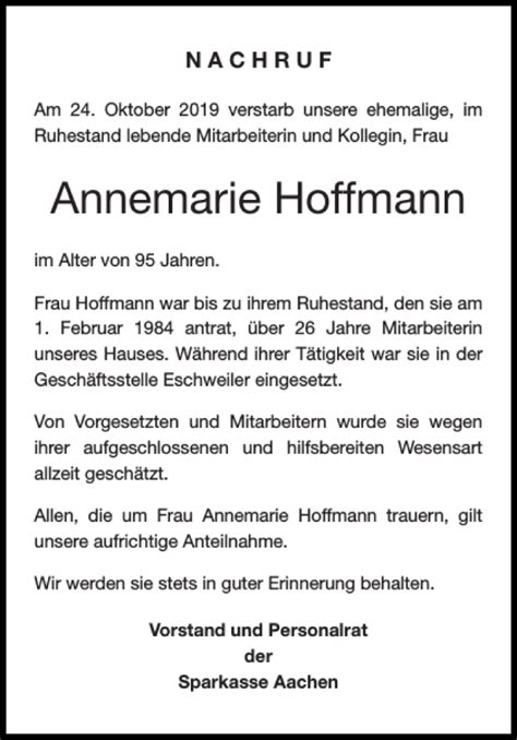 Traueranzeigen Von Annemarie Hoffmann Aachen Gedenkt