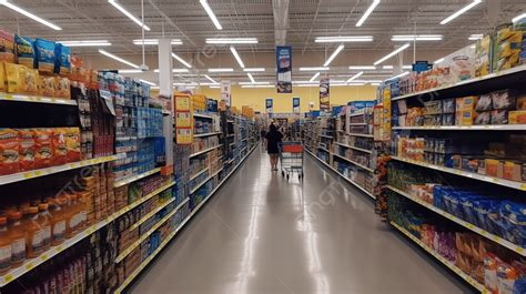 Person Walking Along Aisles From Aisle Of Supermarkets Background