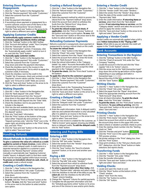 Quickbooks Online Quick Reference Training Card