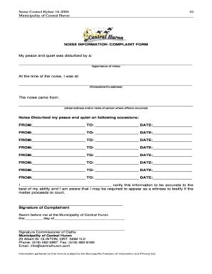 Fillable Online Noise Control Bylaw 16 2006 10 Central Huron Fax