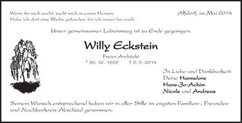 Traueranzeigen Von Willy Eckstein ZVW Trauer