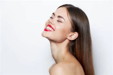 Woman Portrait Naked Shoulders Smile Closed Eyes Red Lips Clear Skin