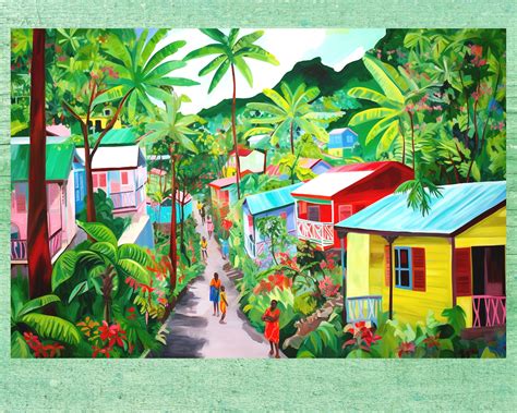 Jamaica Art, Village With Coconut Trees, Houses, Caribbean Island Print, Jamaican Painting Gift ...