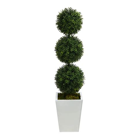 46” Boxwood Triple Ball Topiary Artificial Tree In White Metal Planter Indooroutdoor Nearly