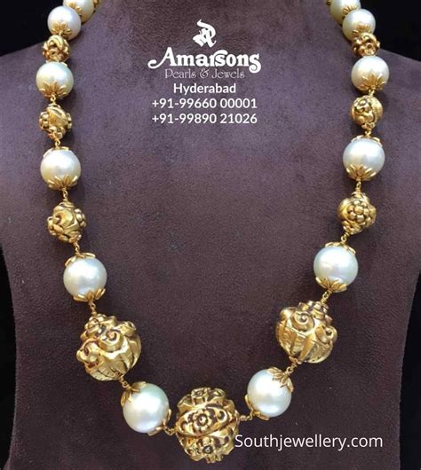 Gold Nakshi Balls And Pearl Necklace Indian Jewellery Designs