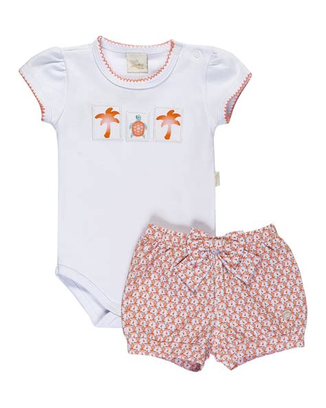 Conjunto Body Bebê Manga Curta Menina Short 100 Algodão Anjos Baby