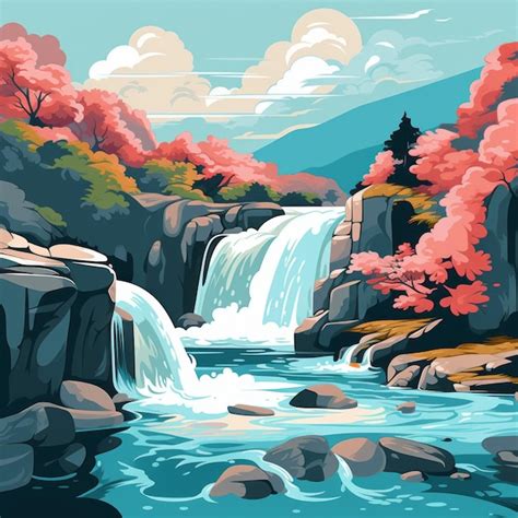 Colorful Waterfall With Red Trees Realistic Landscape Painting | Premium AI-generated image