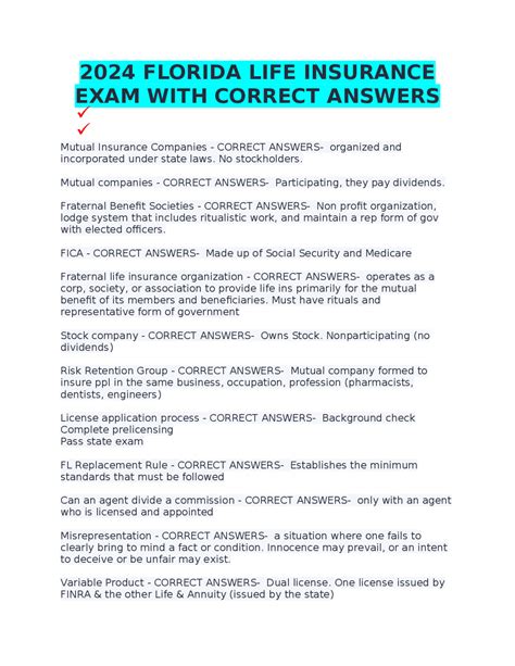 2024 FLORIDA LIFE INSURANCE EXAM WITH CORRECT ANSWERS | Exams Advanced