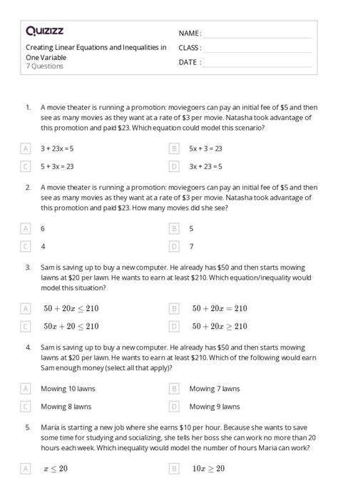 50 Two Variable Inequalities Worksheets For 10th Grade On Quizizz Free And Printable