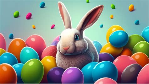 Cartoon Bunnies With Colourful Easter Eggs Generative AI Stock