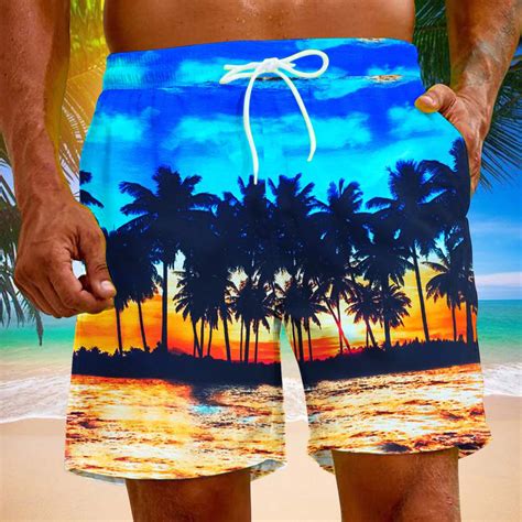 Cllios Mens Beach Shorts Palm Tree Tropical Printed Hawaiian Swim