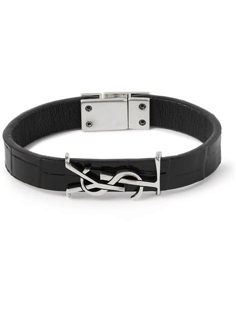 Saint Laurent Cassandre Croc Effect Leather And Silver Tone Bracelet