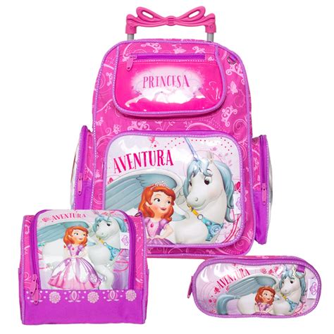 Kit Mochila Infantil Princesa Sofia Rodinha Estojo Lancheira Em