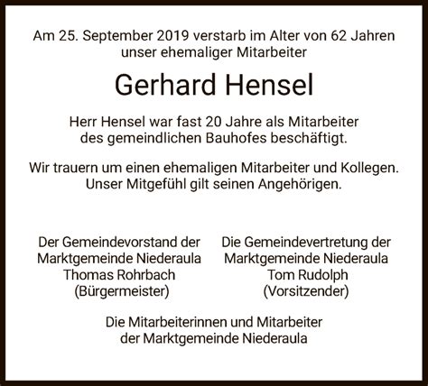 Traueranzeigen Von Gerhard Hensel Trauer Hersfelder Zeitung De