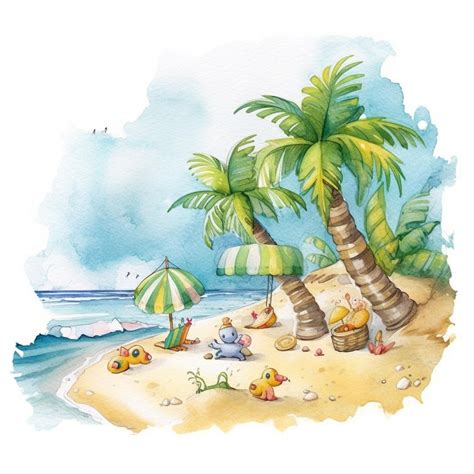 Premium Photo | Watercolor illustration of a beach scene with a beach ...