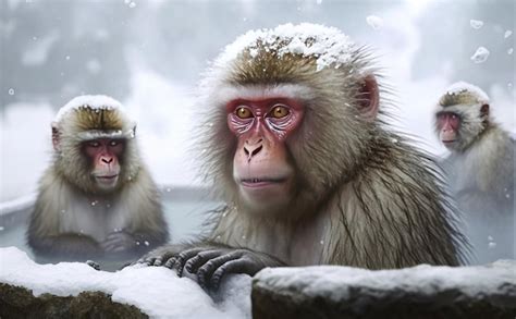 Premium AI Image A Group Of Japanese Macaques Taking A Bath In A Hot