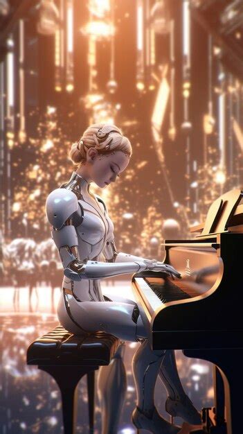 Premium AI Image A Robot Playing A Piano With A Lit Up Background