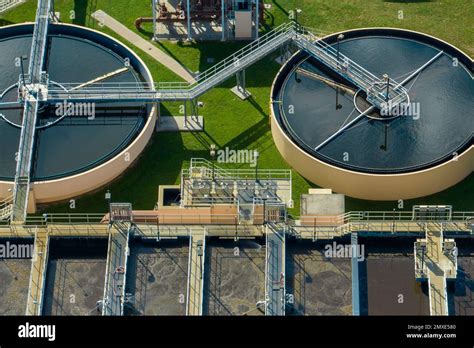 Aerial View Of Water Treatment Factory At City Wastewater Cleaning