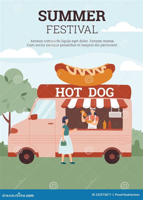 Summer Street Food Festival Banner With Hot Dog Truck Flat Vector