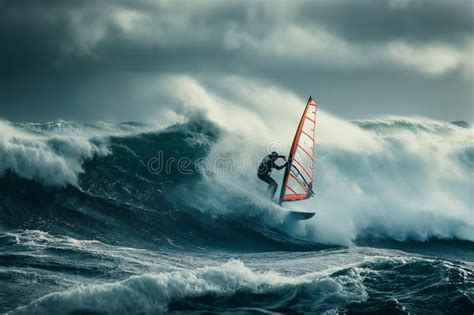 Windsurfer Braving Massive Waves In A Stormy Ocean Stock Illustration