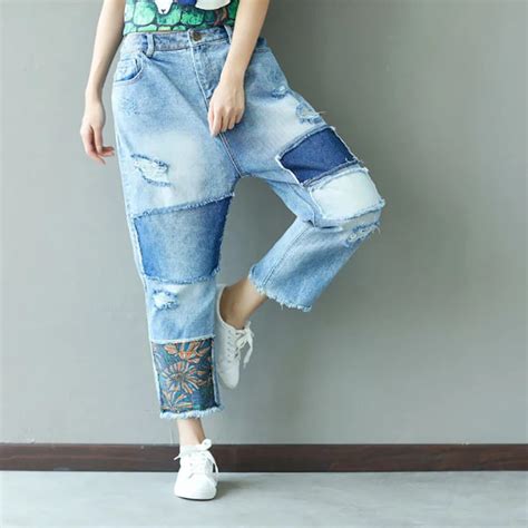 Women Vintage Ripped Holes Jeans Loose Casual Denim Pants