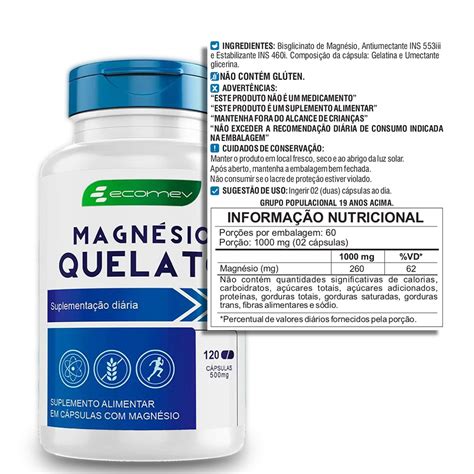 Magnésio Quelato Puro 500mg 120 Cápsulas Ecomev ECOMEV Suplementos