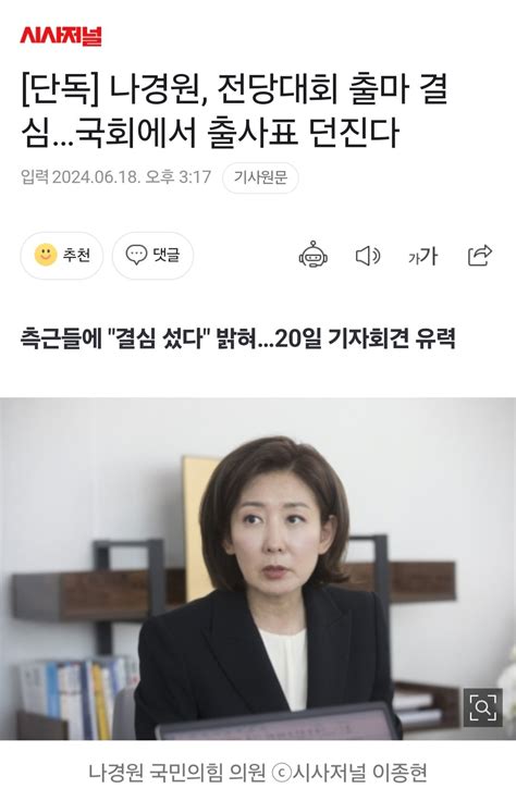 나경원 전당대회 출마 결심국회에서 출사표 던진다 정치시사 에펨코리아