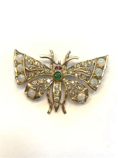 14K SOLID Yellow Gold Vintage Butterfly Brooch Diamonds Rubies Opals