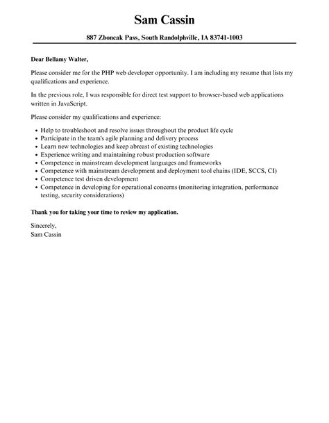 PHP Web Developer Cover Letter Velvet Jobs