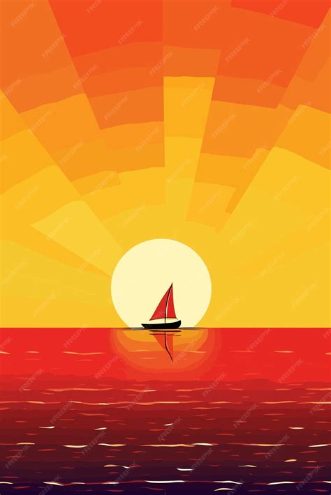 Premium Vector Red Sailboat On A Sunset With A Sun Behind It