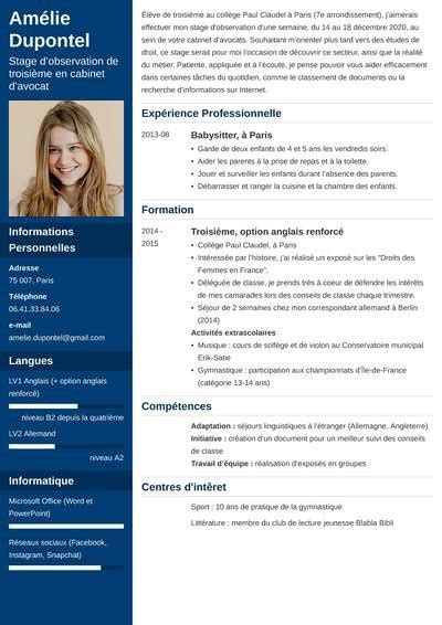 CV stage de 3ème exemple pour collégien en 3e