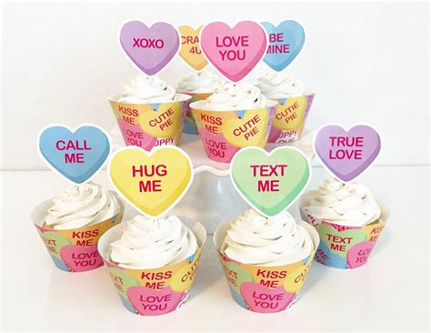 Conversation Heart Cupcake Toppers And Wrappers Valentines Day Cupcake Toppers Heart Cupcake