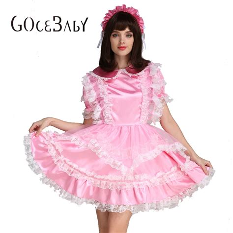 Sexy Sissy Maid Pink Satin Dress Lockable Uniform Cosplay Costume