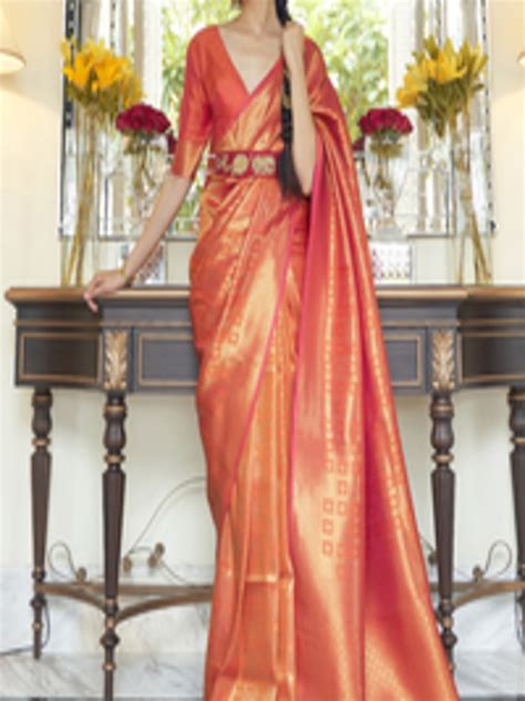 Buy Mitera Peach Coloured Gold Toned Ethnic Motifs Zari Silk Blend