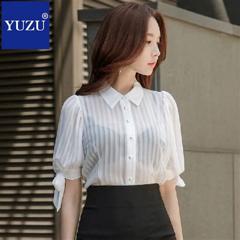 Womens Tops And Blous Summer Office White Short Sleeve Bow Chiffon Blouse Turn Down Collar