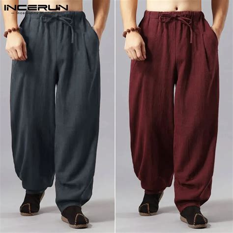 Ethnic Boho Harem Wide Leg Pant Men Casual Pants Cotton Baggy Loose Fitness Elastic Waist